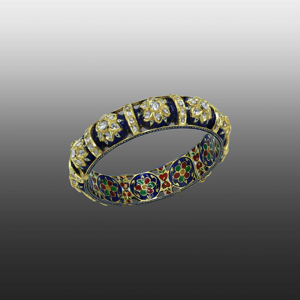 Polki Bangle with Blue Enamel and Floral Meenakari